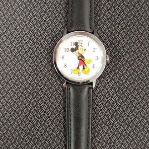 Timex Mickey Mouse Watch With Black Leather Strap & Silver Case